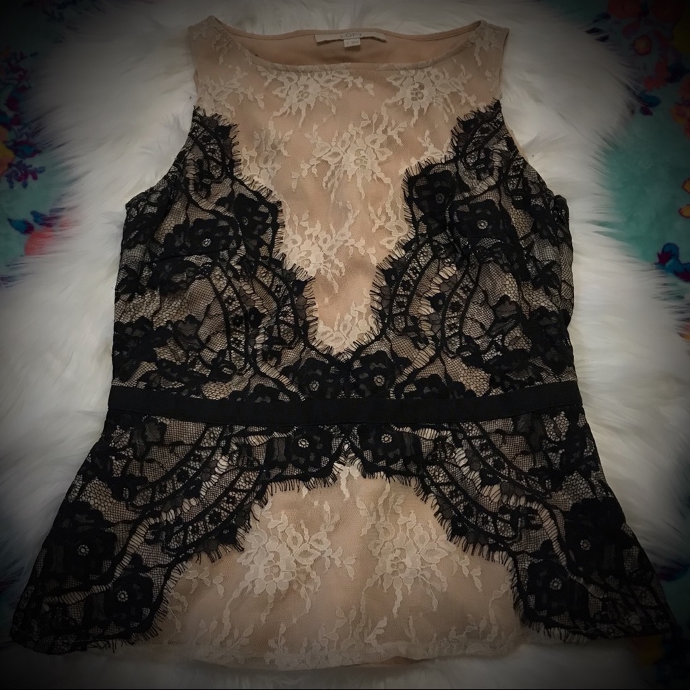 LOFT Lace Top with faux belt.  Cream/Black